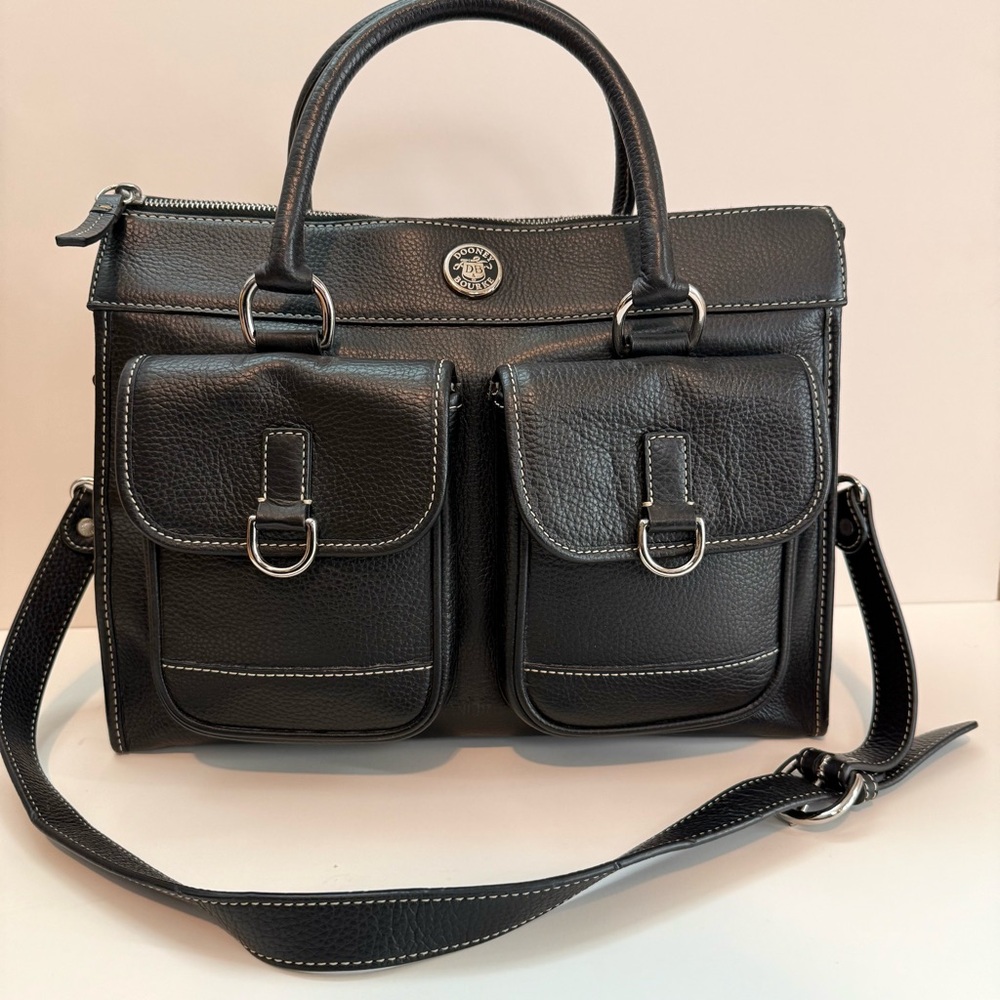 DOONEY & BOURKE Black Leather Double Pocket Tote Women's Satchel Shoulder Bag